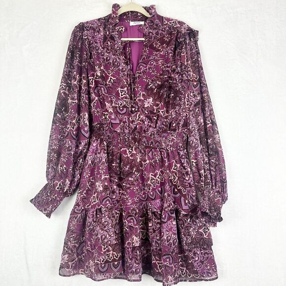 Avara Floral Dress Size XL Lurex Metallic Ruffle Tie Neck Tiered Boho Cottage - Picture 1 of 8